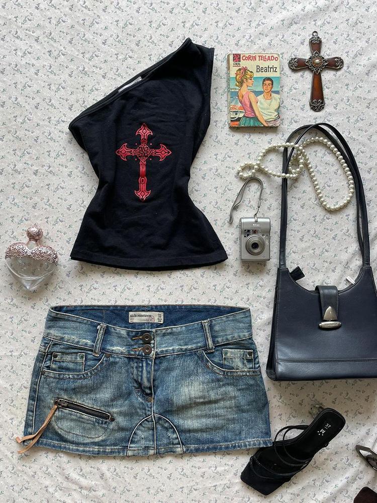 ONE-SHOULDER TOP WITH RED CROSS - BLACK PUNK CROSS SHOULDER TANK