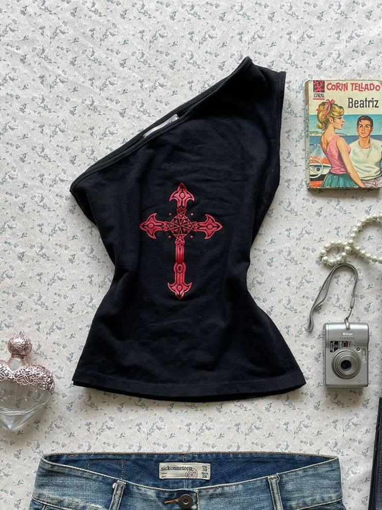 ONE-SHOULDER TOP WITH RED CROSS - BLACK PUNK CROSS SHOULDER TANK