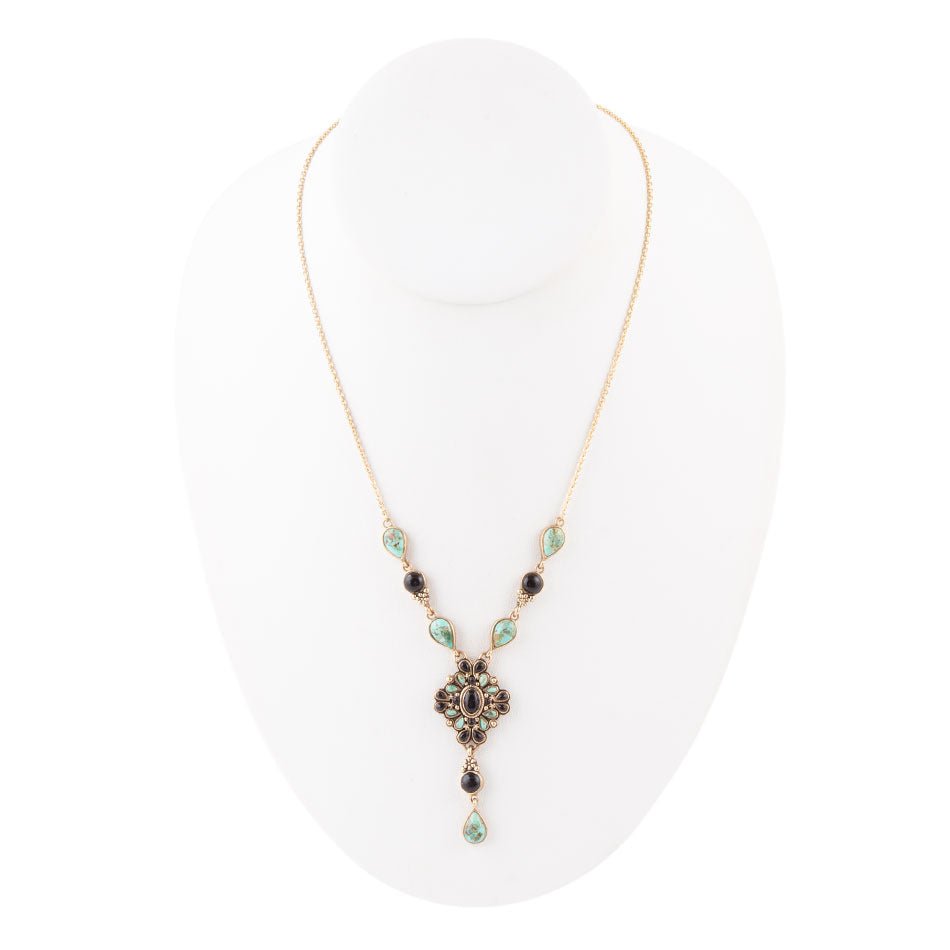 Barcelona Black Onyx and Blue Turquoise Golden Y-Necklace