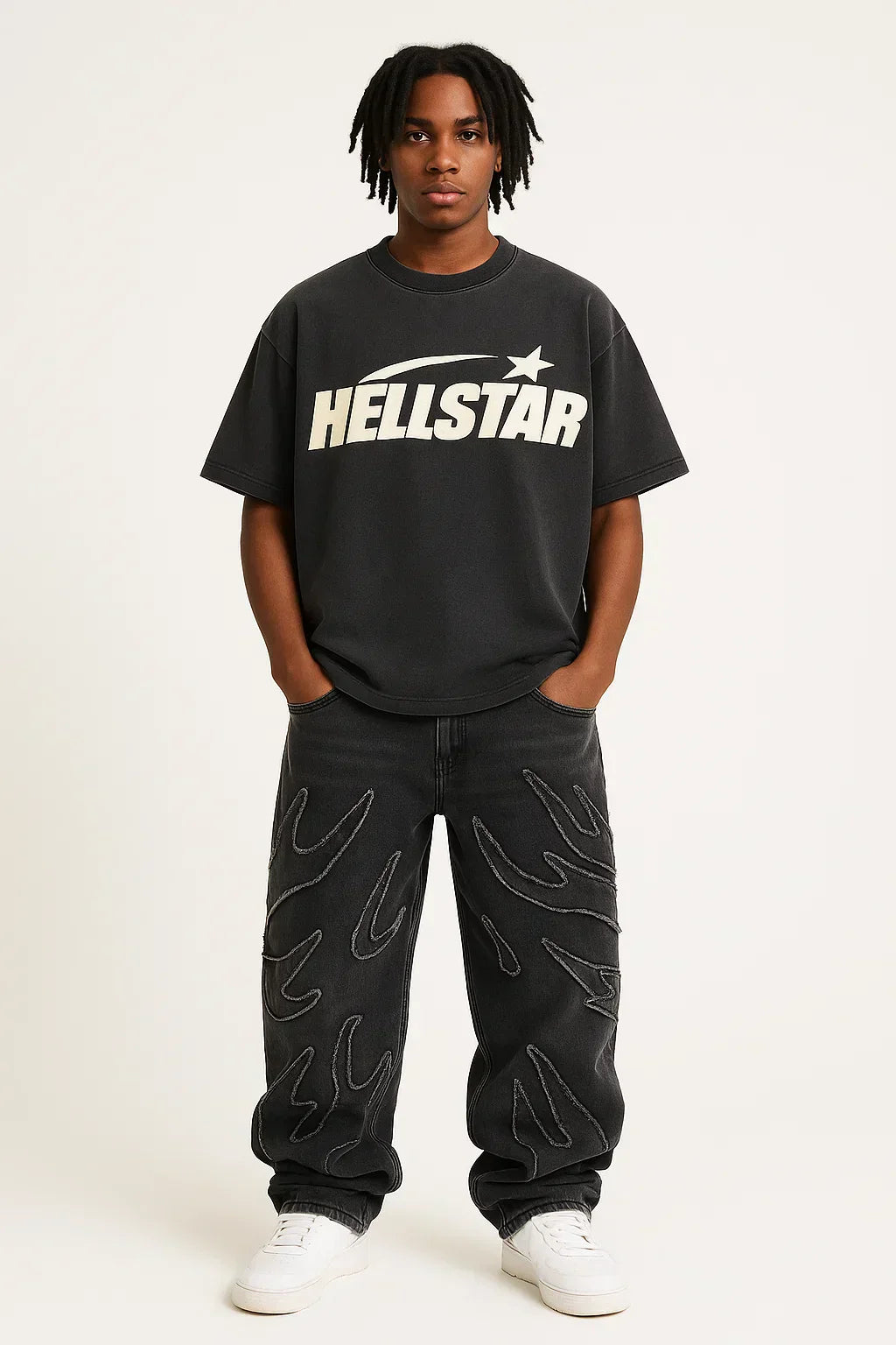 OUTFIT WITH HELLSTAR T-SHIRT AND FLAME-STITCHED JEANS