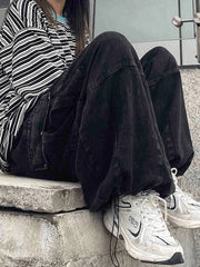 OVERSIZED BLACK DENIM CARGO PANTS - TRENDY BAGGY CARGO STYLE