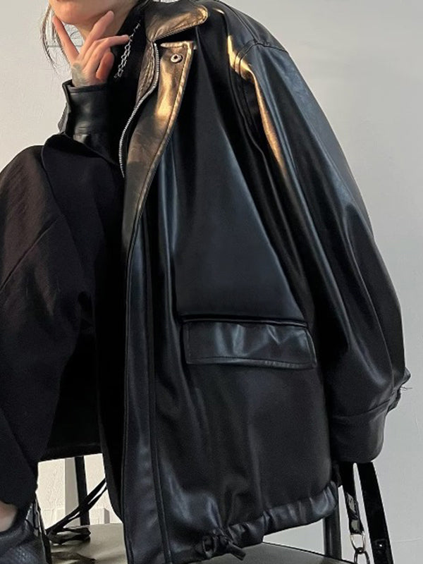OVERSIZED BLACK FAUX LEATHER JACKET - LOOSE FIT LONGLINE STYLE