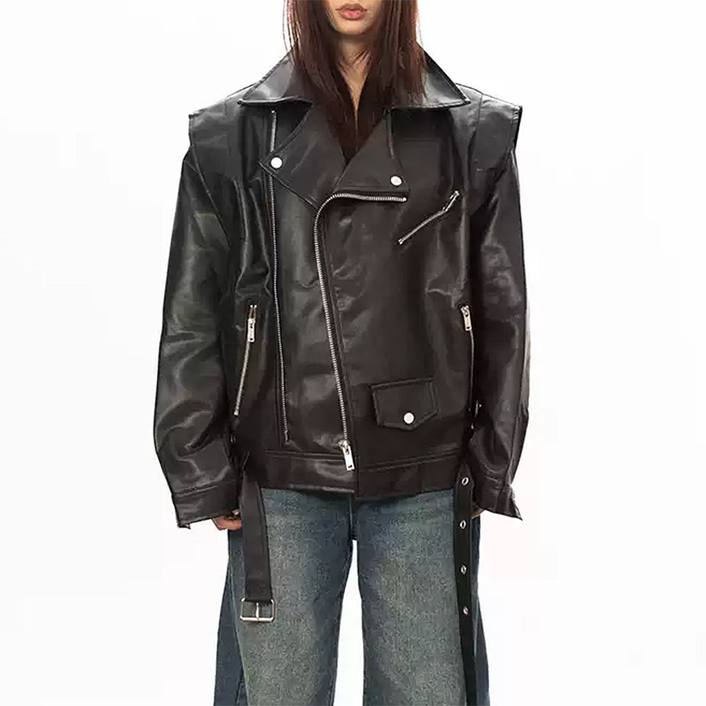 OVERSIZED BLACK MOTO JACKET VERSATILE DESIGN