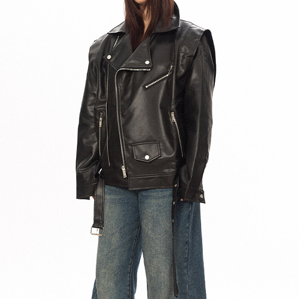 OVERSIZED BLACK MOTO JACKET VERSATILE DESIGN