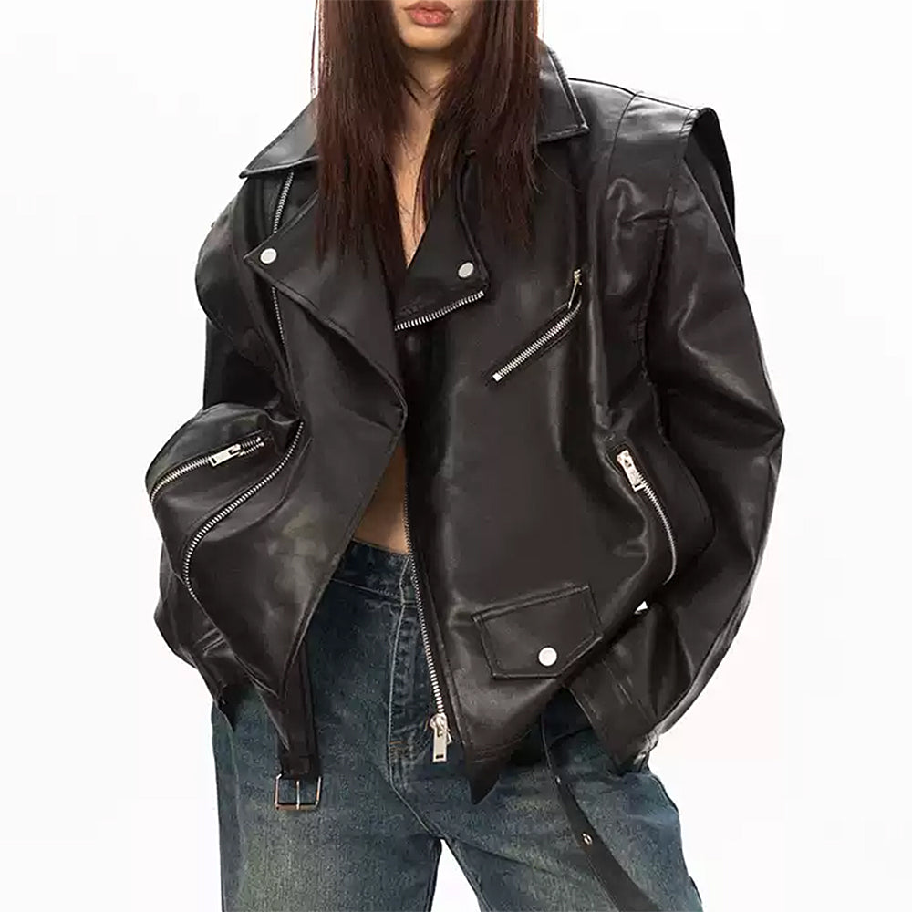 OVERSIZED BLACK MOTO JACKET VERSATILE DESIGN