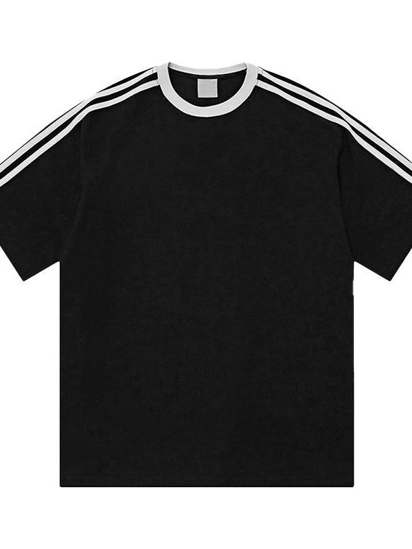 OVERSIZED BLACK T-SHIRT WITH WHITE STRIPES - CLASSIC THREE-STRIPE DESIGN