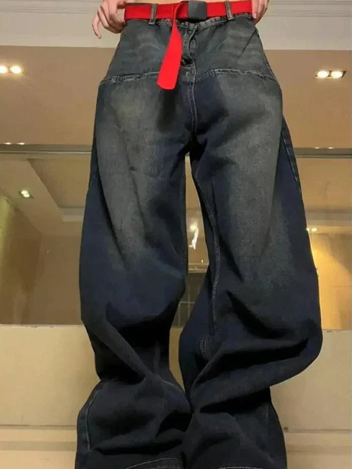 OVERSIZED BLUE JEANS WITH RED BELT - DISTRESSED BAGGY STYLE