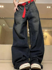 OVERSIZED BLUE JEANS WITH RED BELT - DISTRESSED BAGGY STYLE