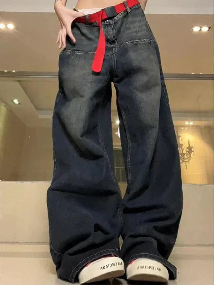 OVERSIZED BLUE JEANS WITH RED BELT - DISTRESSED BAGGY STYLE