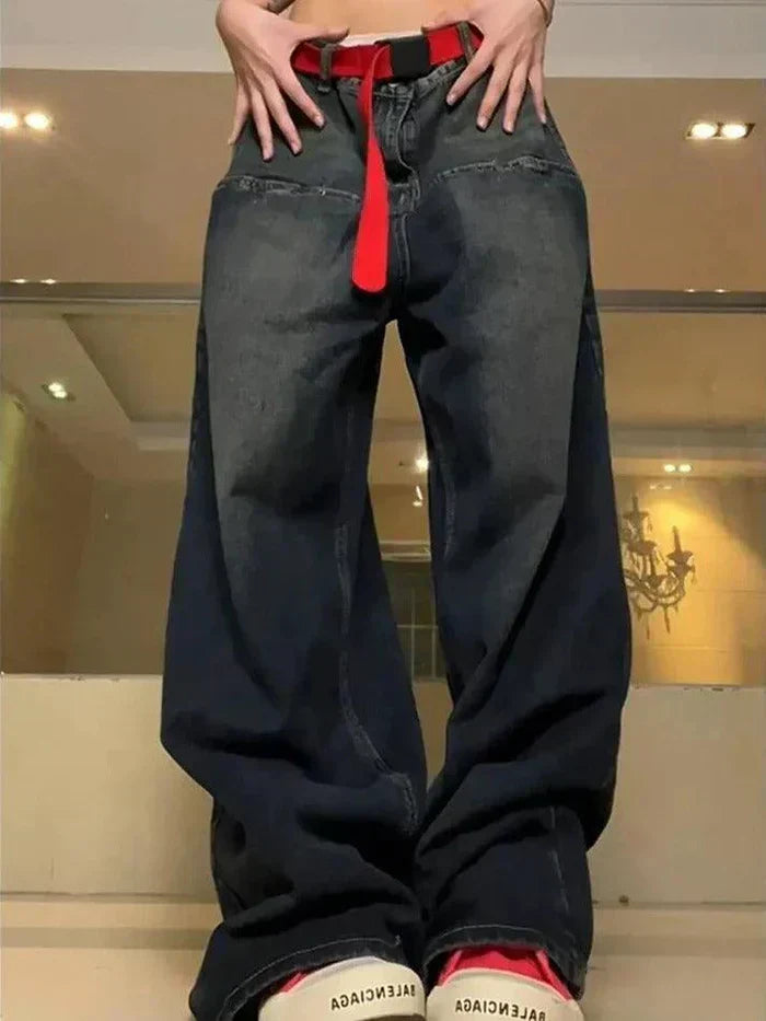 OVERSIZED BLUE JEANS WITH RED BELT - DISTRESSED BAGGY STYLE