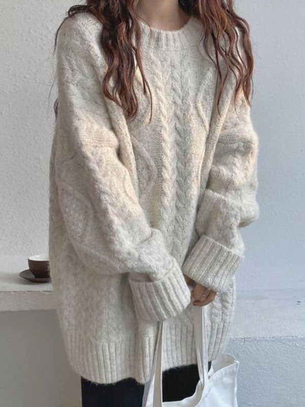 OVERSIZED CABLE-KNIT SWEATER WITH LOOSE ROUND NECK