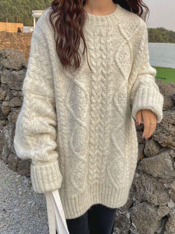 OVERSIZED CABLE-KNIT SWEATER WITH LOOSE ROUND NECK