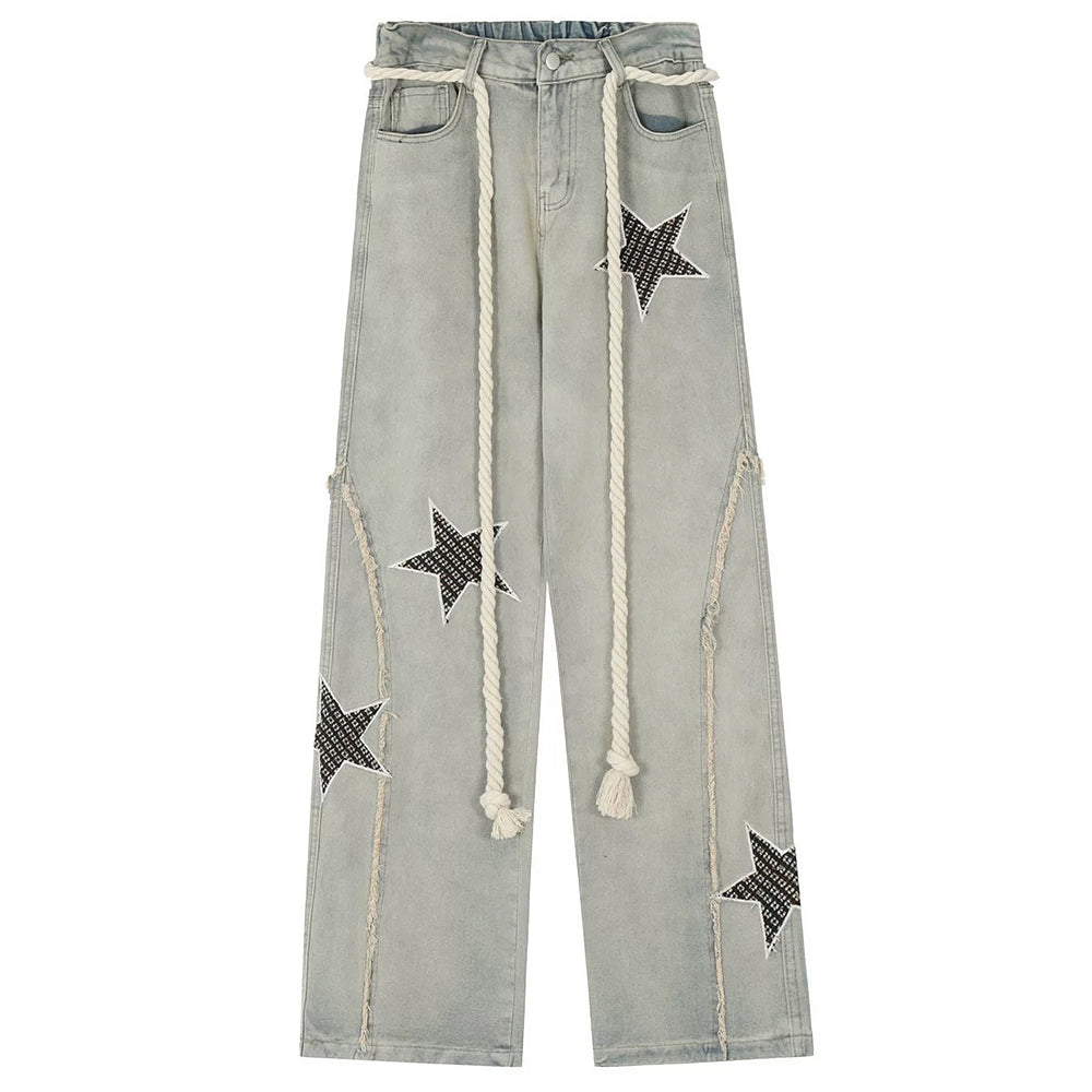 OVERSIZED DENIM JEANS WITH BOLD STAR PATCHES FOR CONTEMPORARY STREETWEAR