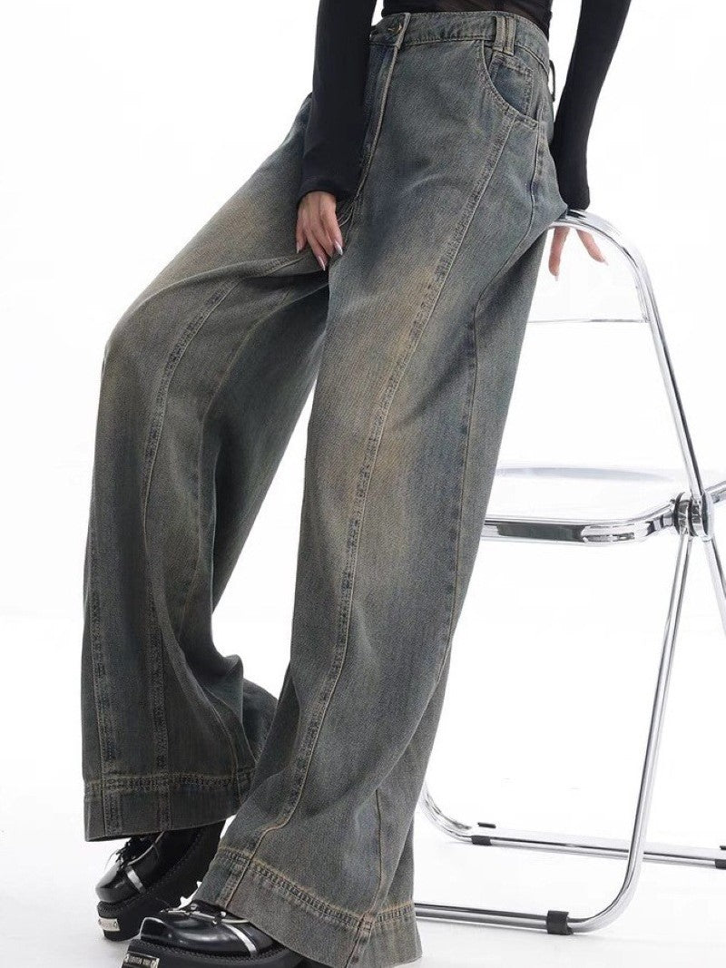 OVERSIZED DENIM PANTS WITH EMBROIDERED STRIPES IN VINTAGE WASHED BAGGY FIT