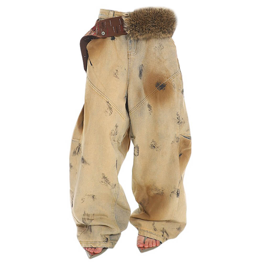 OVERSIZED DISTRESSED FUR-TRIMMED PANTS FOR CASUAL WEAR