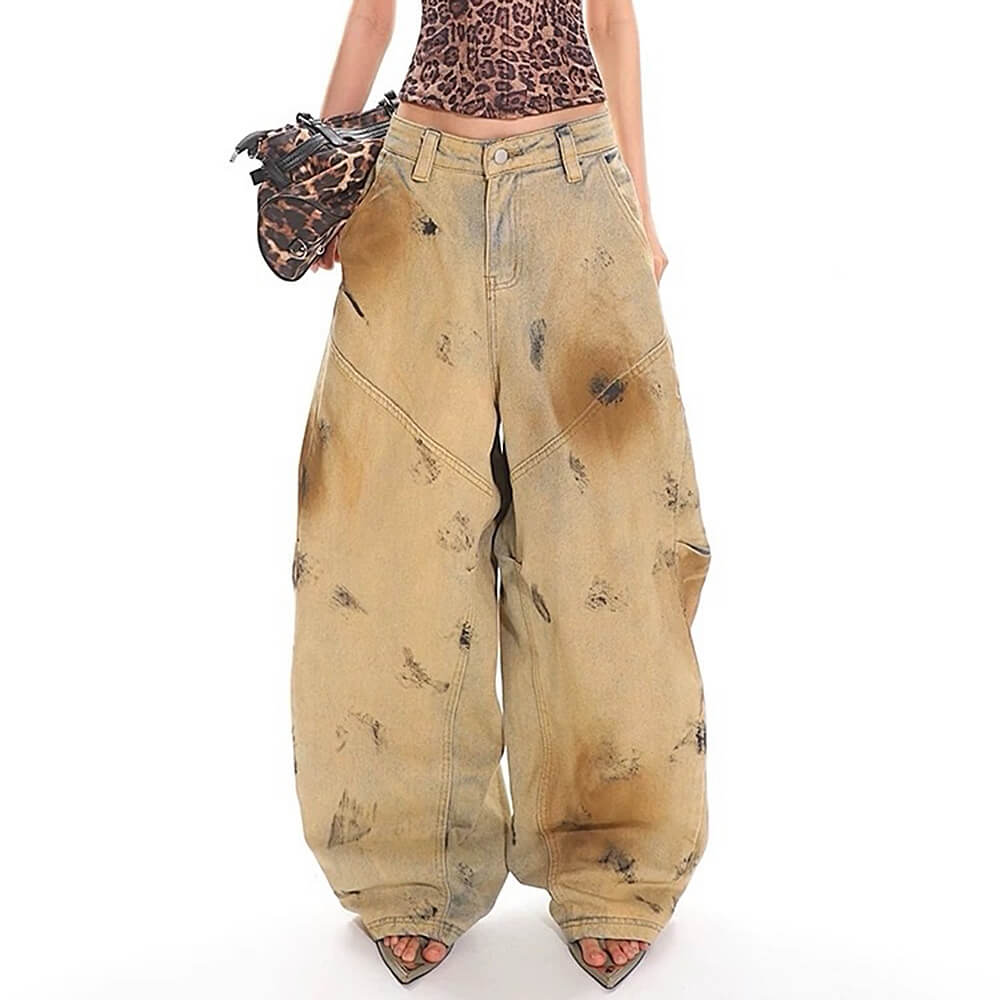 OVERSIZED DISTRESSED FUR-TRIMMED PANTS FOR CASUAL WEAR