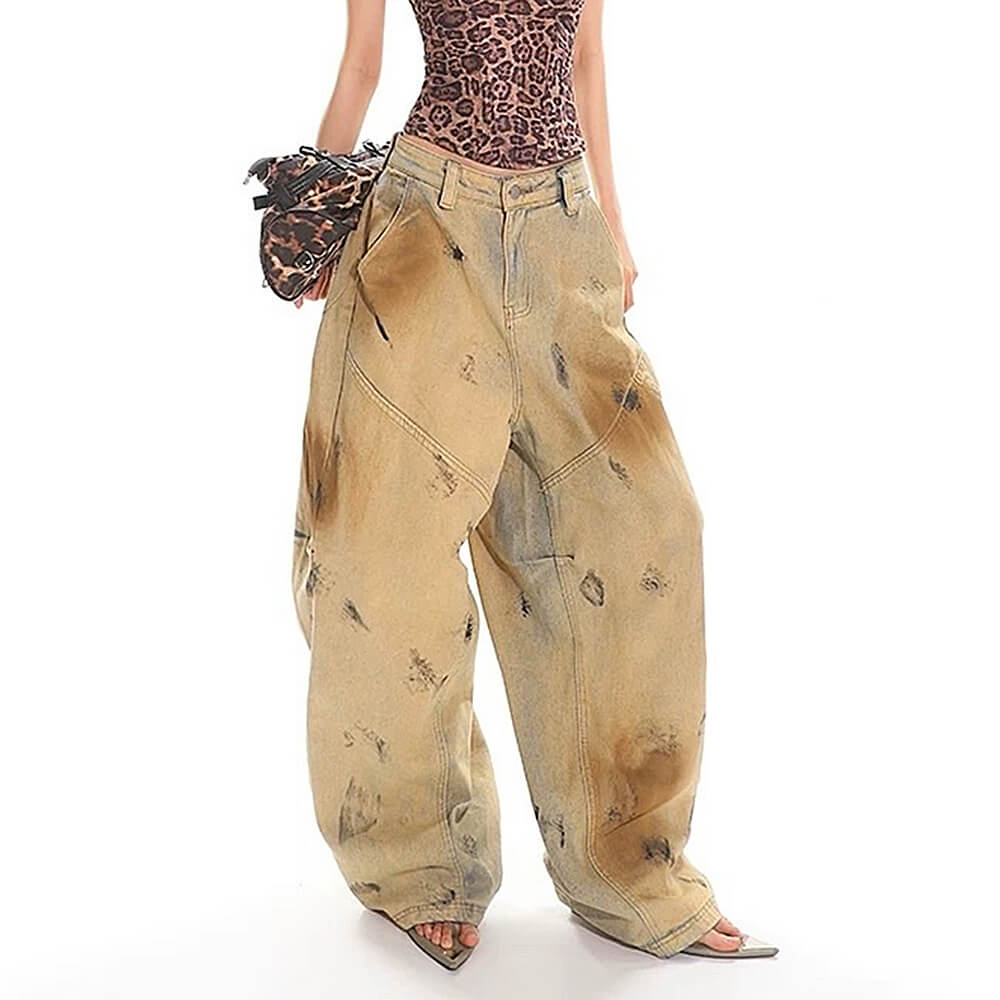 OVERSIZED DISTRESSED FUR-TRIMMED PANTS FOR CASUAL WEAR