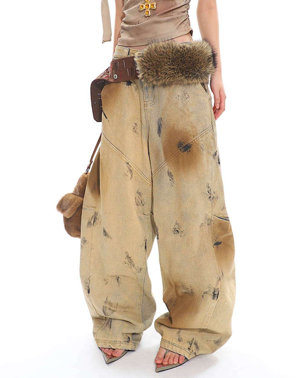 OVERSIZED DISTRESSED FUR-TRIMMED PANTS FOR CASUAL WEAR