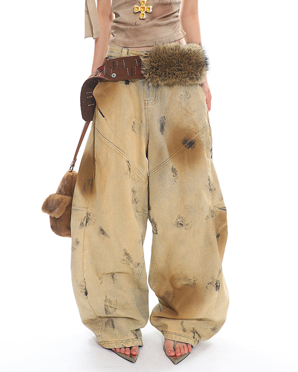 OVERSIZED DISTRESSED FUR-TRIMMED PANTS FOR CASUAL WEAR