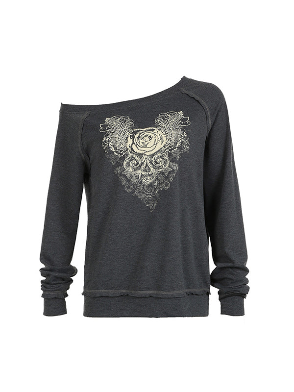 OVERSIZED GREY SWEATSHIRT WITH ROSE AND WINGS GRAPHIC - CLASSIC GREY SWEATSHIRT