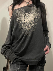OVERSIZED GREY SWEATSHIRT WITH ROSE AND WINGS GRAPHIC - CLASSIC GREY SWEATSHIRT
