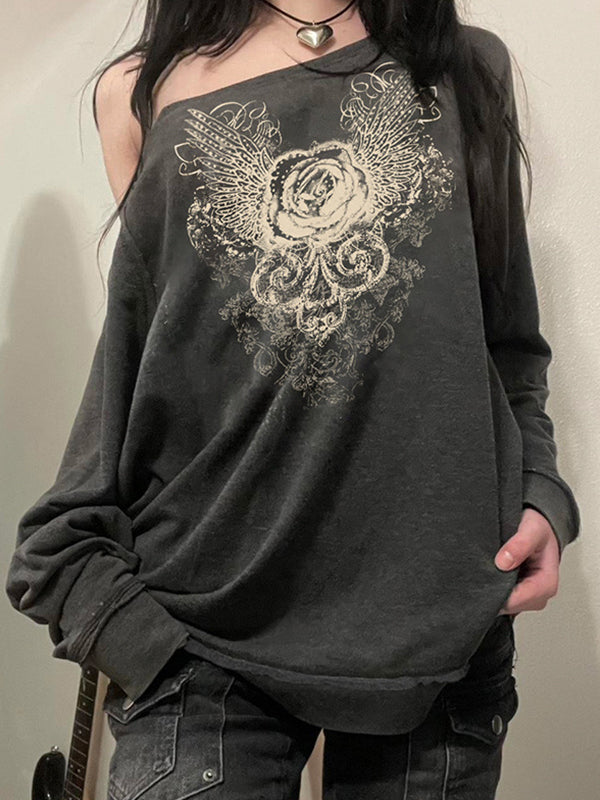 OVERSIZED GREY SWEATSHIRT WITH ROSE AND WINGS GRAPHIC - CLASSIC GREY SWEATSHIRT