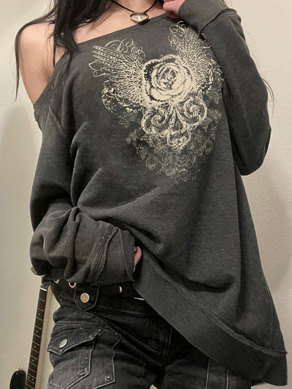 OVERSIZED GREY SWEATSHIRT WITH ROSE AND WINGS GRAPHIC - CLASSIC GREY SWEATSHIRT