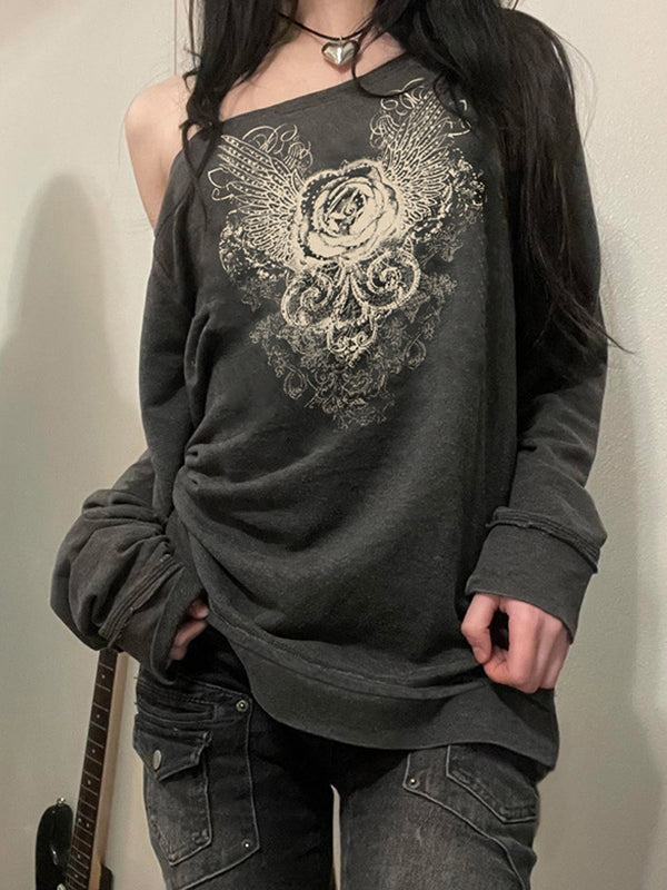 OVERSIZED GREY SWEATSHIRT WITH ROSE AND WINGS GRAPHIC - CLASSIC GREY SWEATSHIRT