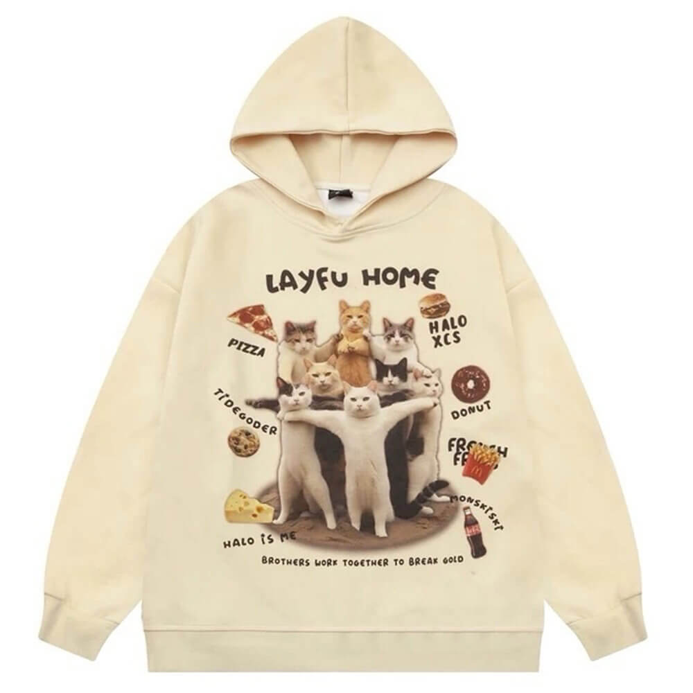 OVERSIZED HOODIE PLAYFUL CAT PRINT FELINE FEAST
