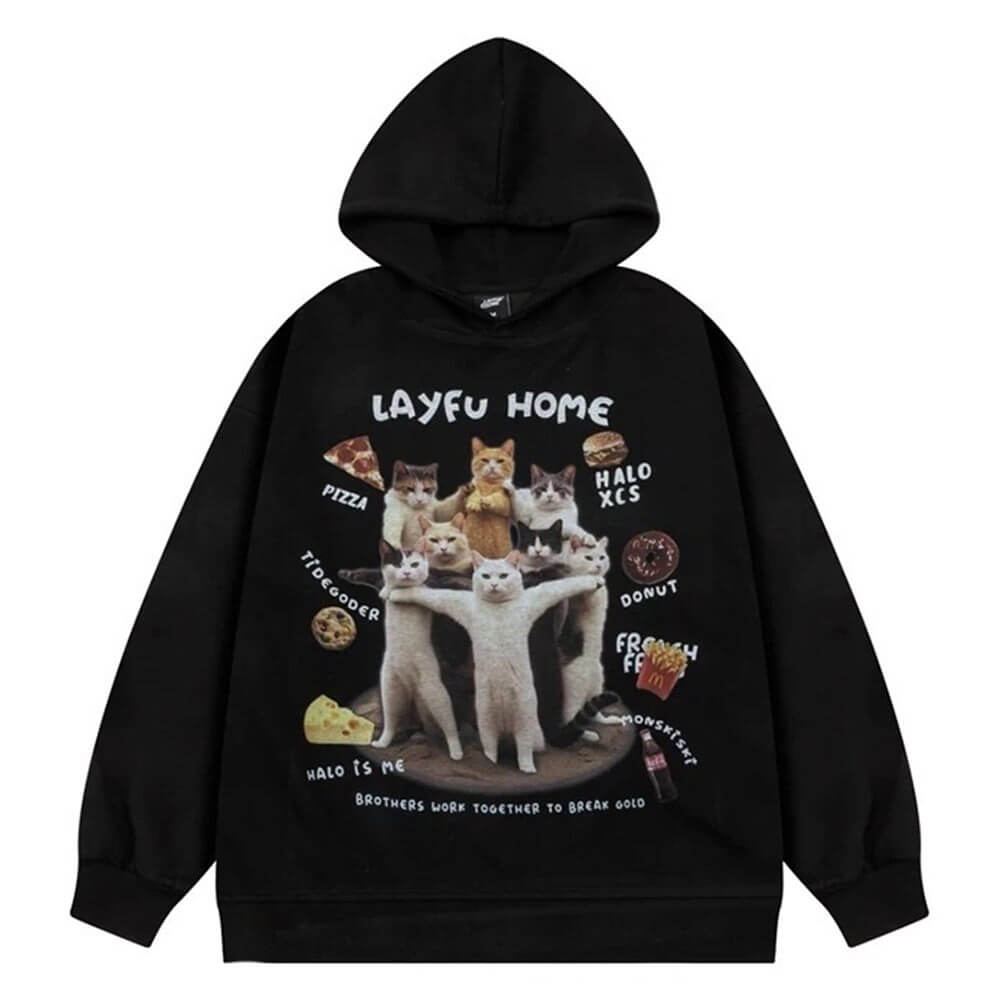 OVERSIZED HOODIE PLAYFUL CAT PRINT FELINE FEAST