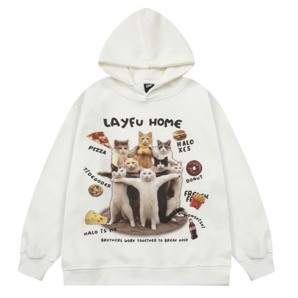 OVERSIZED HOODIE PLAYFUL CAT PRINT FELINE FEAST