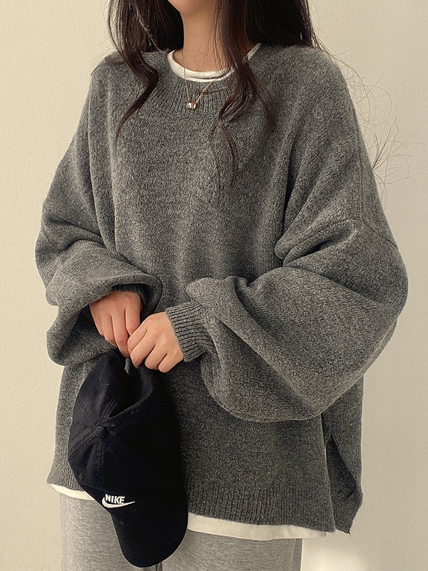 OVERSIZED KNIT SWEATER WITH LOOSE CREW NECK DESIGN