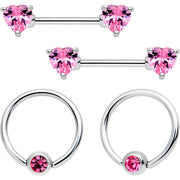 14G 9/16 Pink Gem Heart Captive Ring Barbell Nipple Ring Set