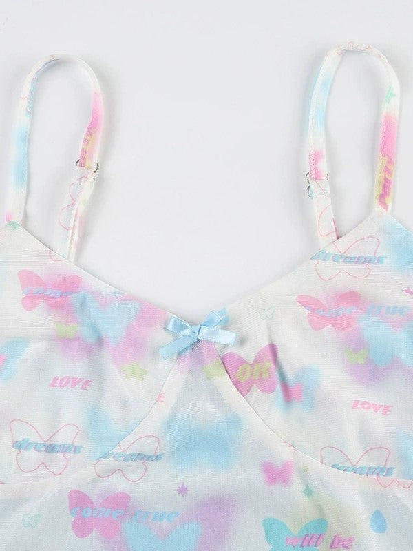PASTEL FLORAL MESH CAMISOLE - DOUBLE LAYER BUTTERFLY PRINT CAMI