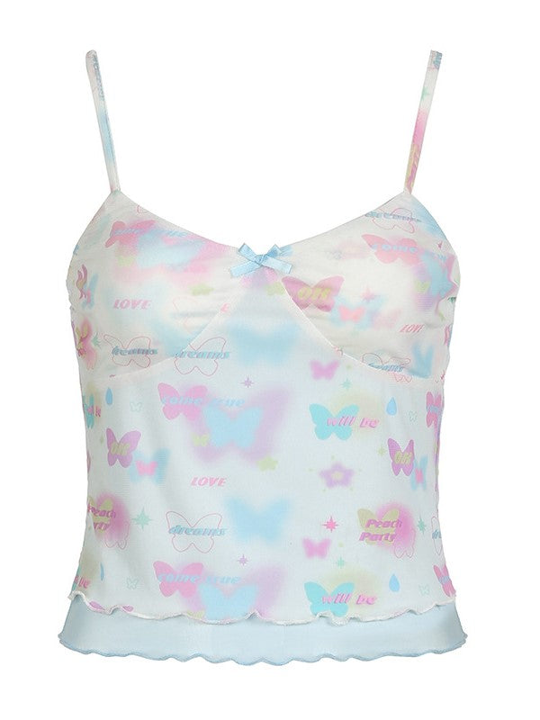 PASTEL FLORAL MESH CAMISOLE - DOUBLE LAYER BUTTERFLY PRINT CAMI