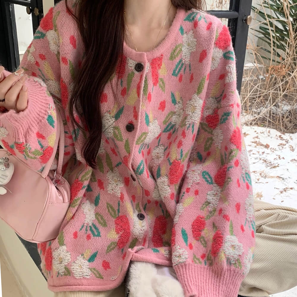 PASTEL PINK SEQUIN FLORAL TEXTURED KNIT CARDIGAN