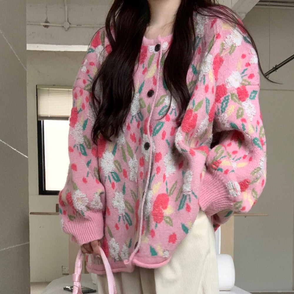 PASTEL PINK SEQUIN FLORAL TEXTURED KNIT CARDIGAN