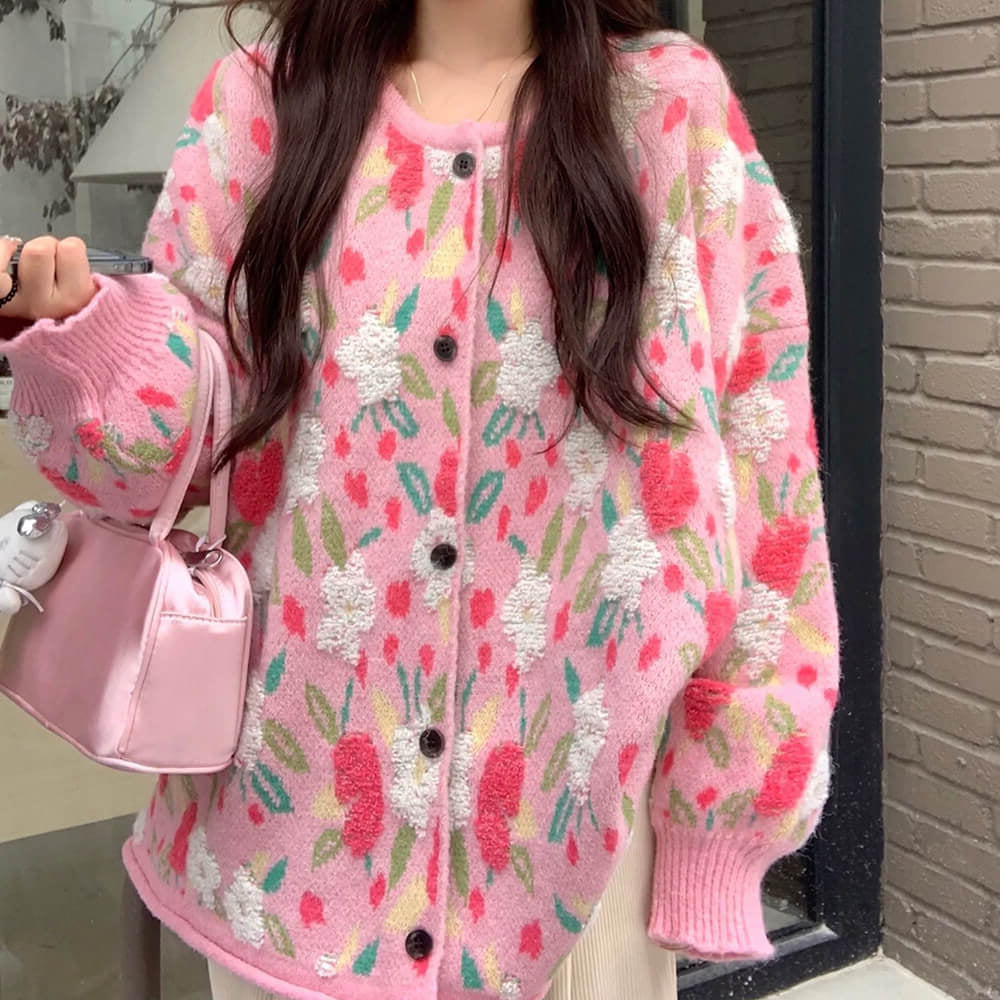PASTEL PINK SEQUIN FLORAL TEXTURED KNIT CARDIGAN