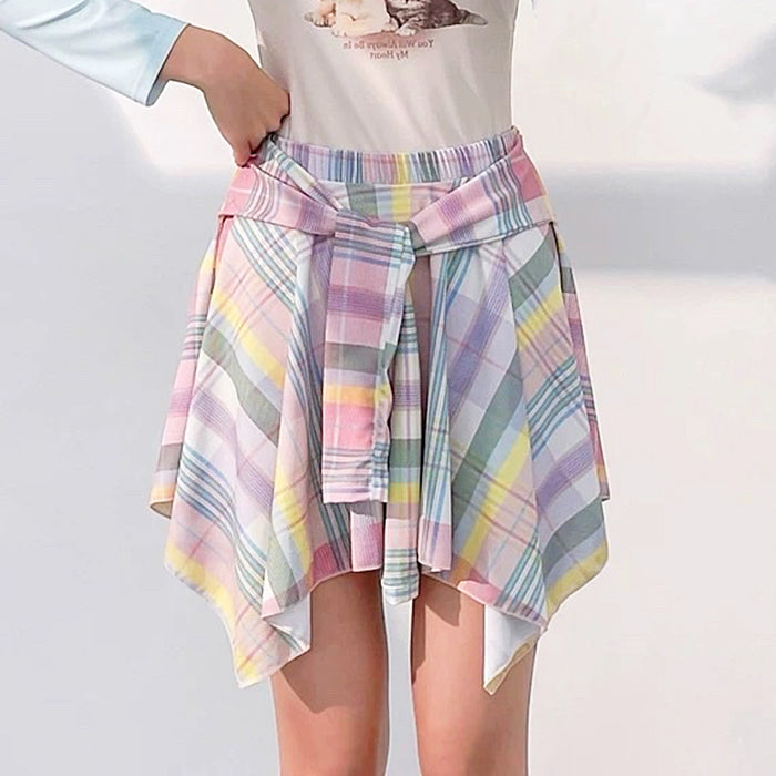PASTEL PLAID SKIRT SOFT GIRL AESTHETIC TIE WAIST