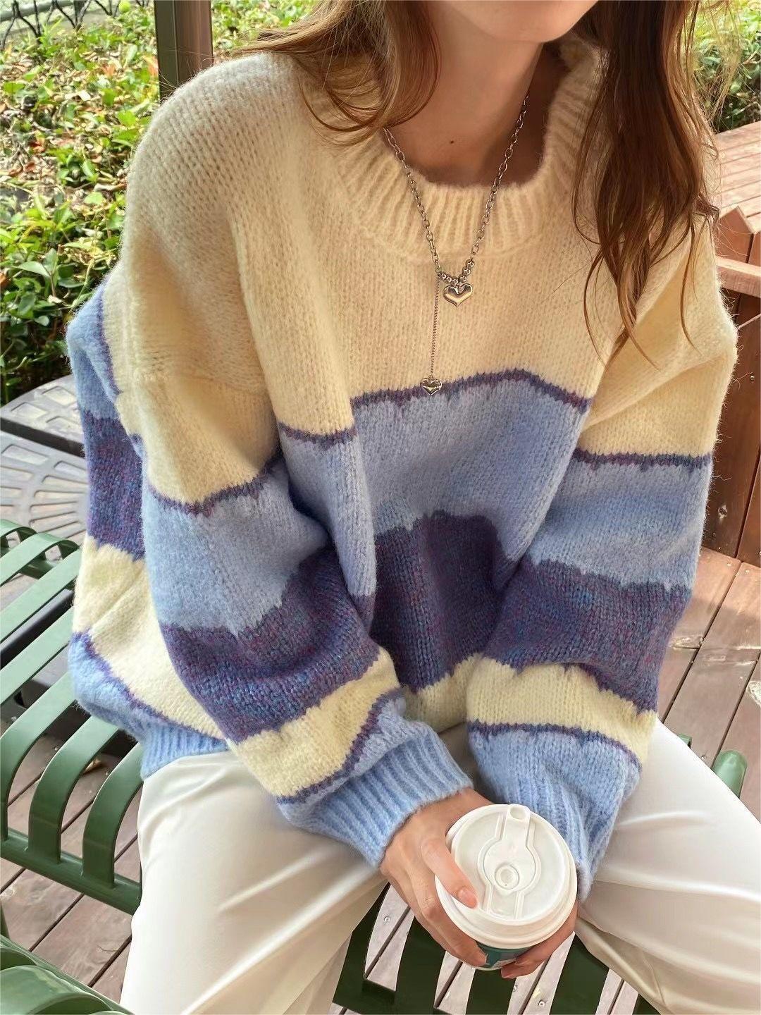 PASTEL STRIPED LONG SLEEVE CREW NECK SWEATER