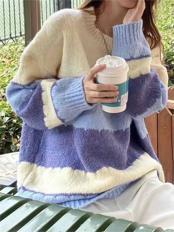 PASTEL STRIPED LONG SLEEVE CREW NECK SWEATER