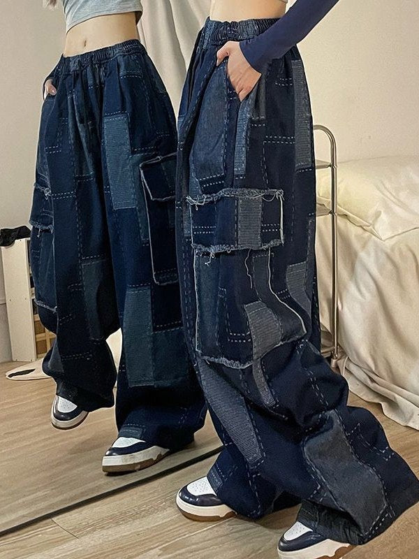 PATCHWORK DENIM CARGO PANTS IN BLUE CARGO STYLE
