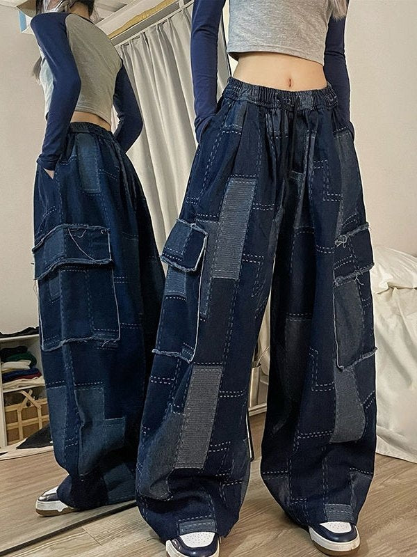 PATCHWORK DENIM CARGO PANTS IN BLUE CARGO STYLE