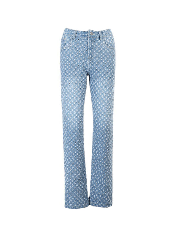 PATTERNED BLUE JEANS HIGH RISE BOYFRIEND CHIC FRINGE DESIGN