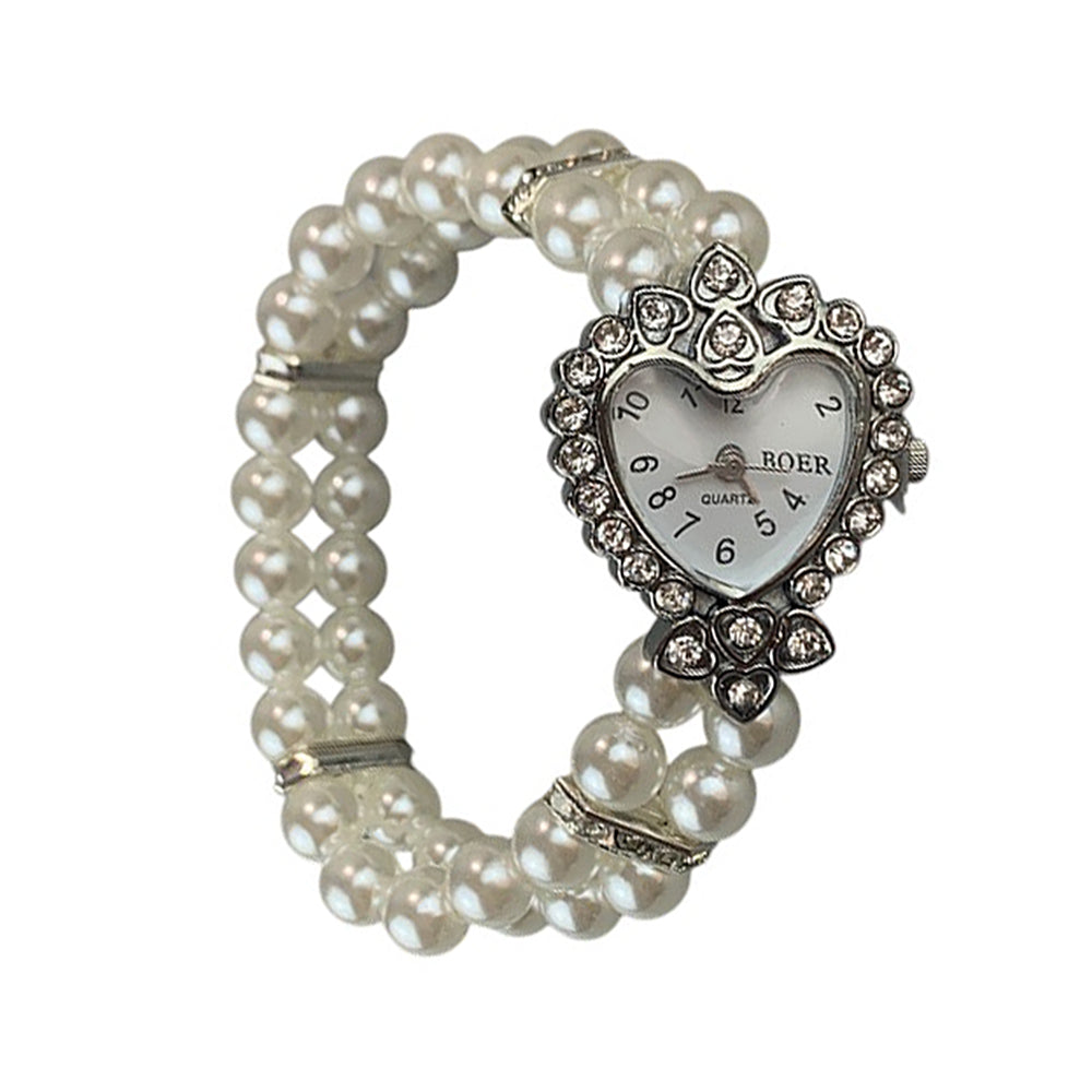 PEARL BRACELET WATCH VINTAGE HEART WITH FAUX PEARLS