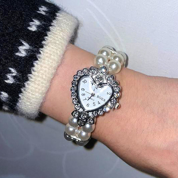 PEARL BRACELET WATCH VINTAGE HEART WITH FAUX PEARLS
