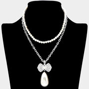 Pearl Chain Layered Rhinestone Pave Ribbon Pearl Dangle Pendant Necklace