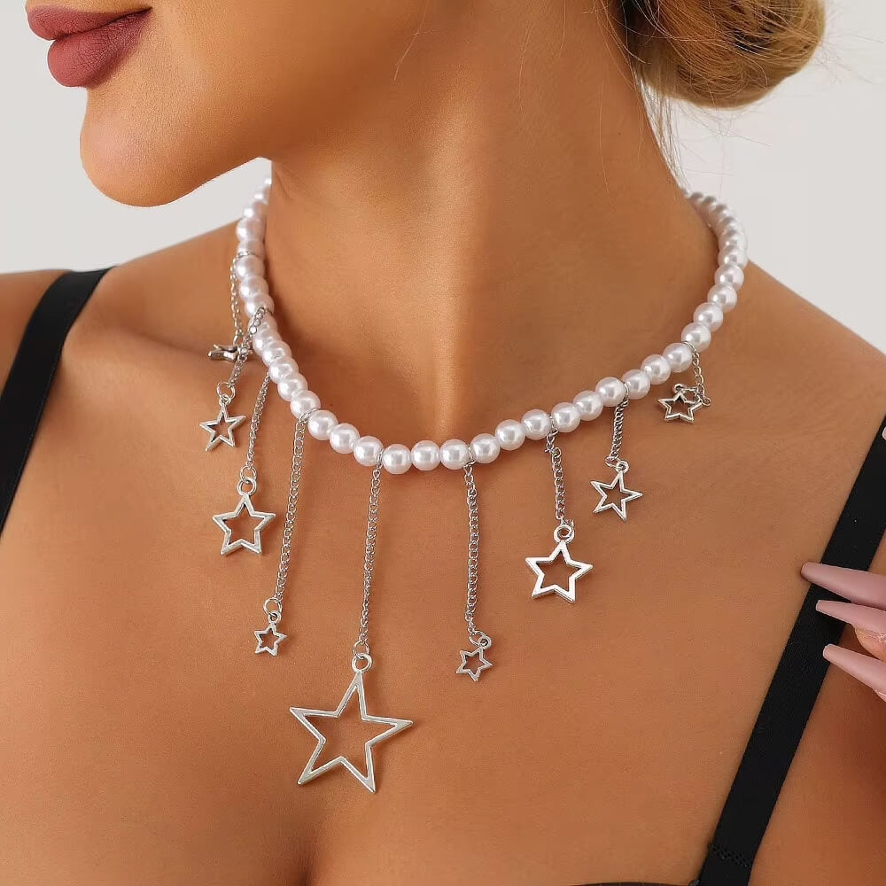 PEARL NECKLACE WITH SILVER STAR CHARMS: CELESTIAL DREAM
