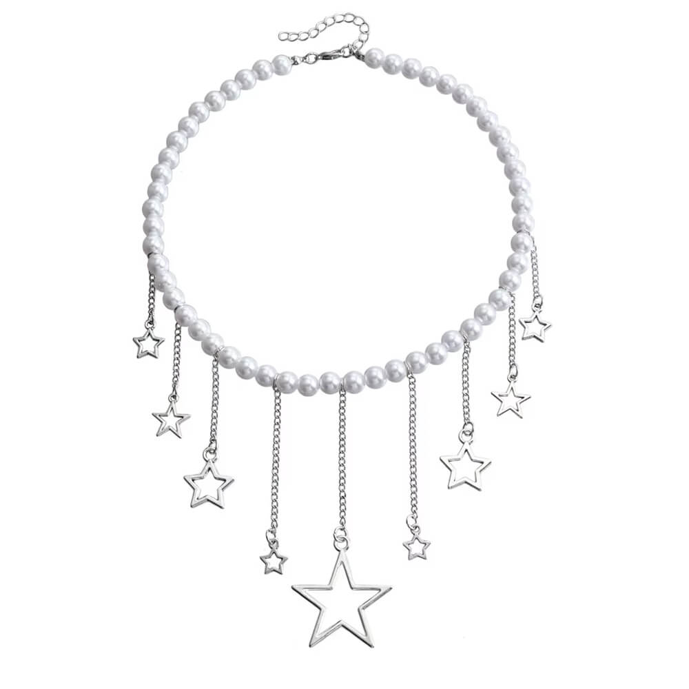 PEARL NECKLACE WITH SILVER STAR CHARMS: CELESTIAL DREAM