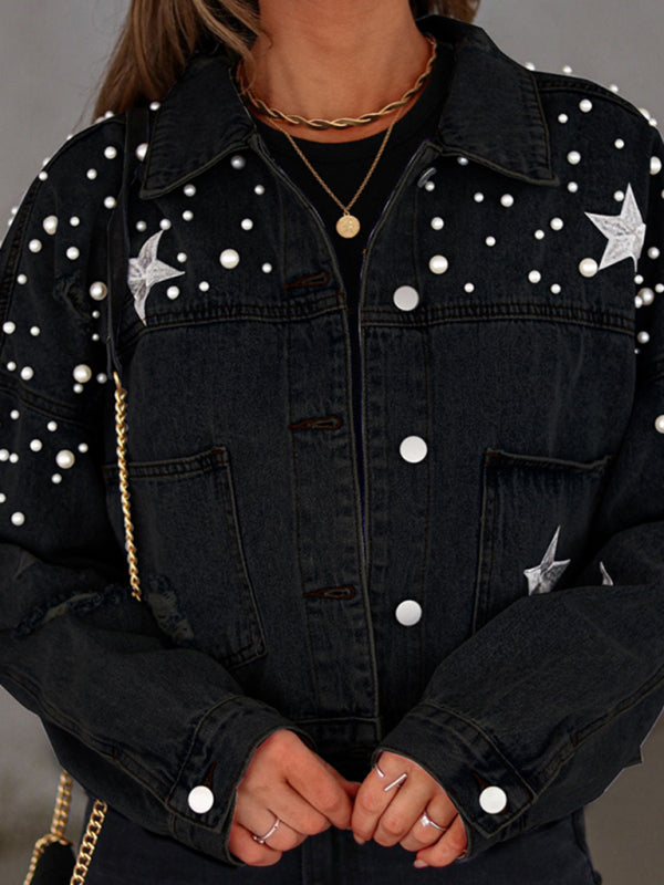 Pearl Studded Distressed Denim Jacket - Black / S
